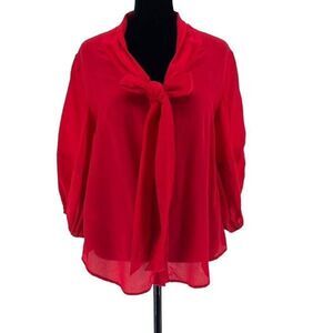 Blue Tassel Womens Tie Collar Quarter Sleeve Silk Blouse‎ Top Red Medium
